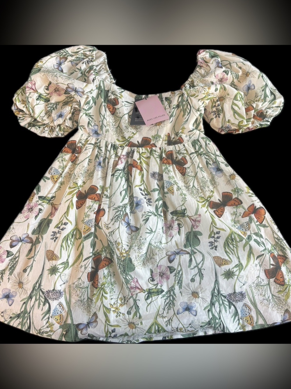 AVEC LES FILLES NWT Floral Puff Sleeve Linen Blend Mini Dress Butterfly Flower